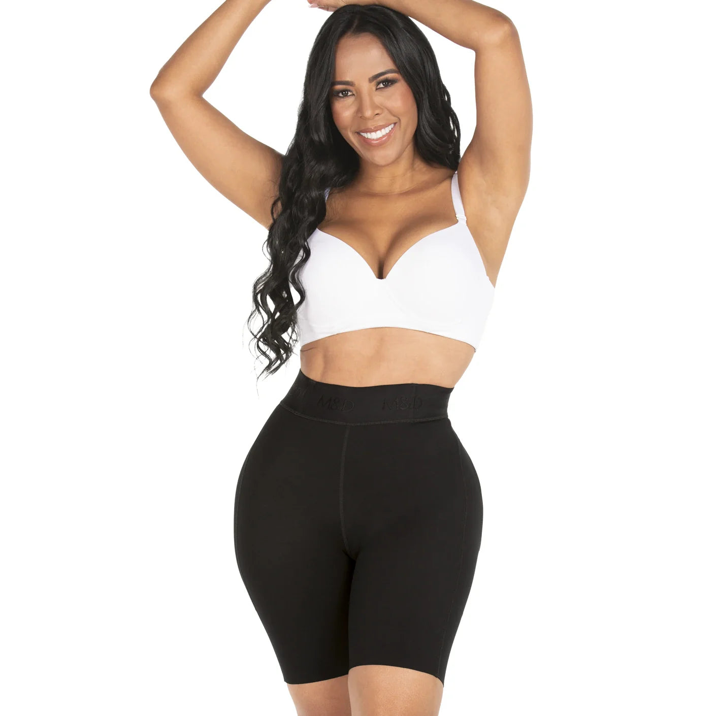 Fajas MyD MYD08324 black high-waist shaper shorts front view, Colombian shapewear body shaper for daily slimming