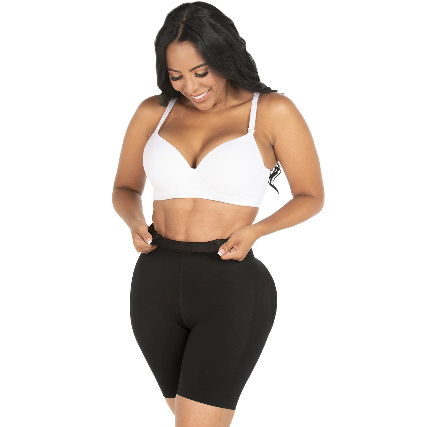 Fajas MyD MYD08324 black shaper shorts Colombian shapewear mid-thigh compression garment lifestyle front view women