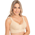 Fajas MyD MYD0016 beige front-closure post-surgery faja colombiana with wide straps, Colombian shapewear bra front view