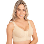 Fajas MyD MYD0016 beige front-closure post-surgery faja colombiana with wide straps, Colombian shapewear bra front view