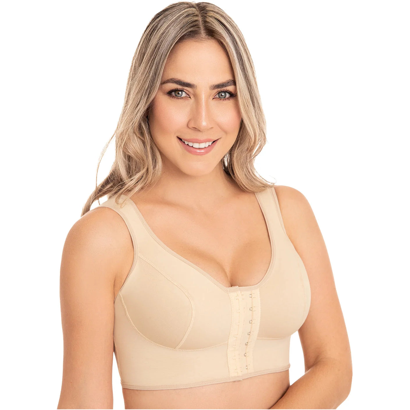 Fajas MyD MYD0016 beige front-closure post-surgery faja colombiana with wide straps, Colombian shapewear bra front view