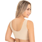 Fajas MyD MYD0016 nude seamless bra top back view, Colombian shapewear post-surgery compression garment wide straps women