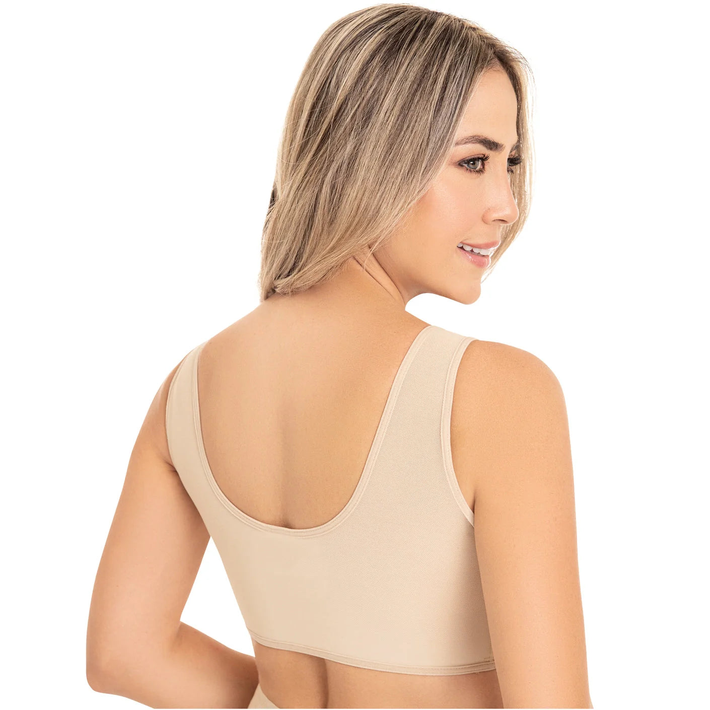 Fajas MyD MYD0016 nude seamless bra top back view, Colombian shapewear post-surgery compression garment wide straps women