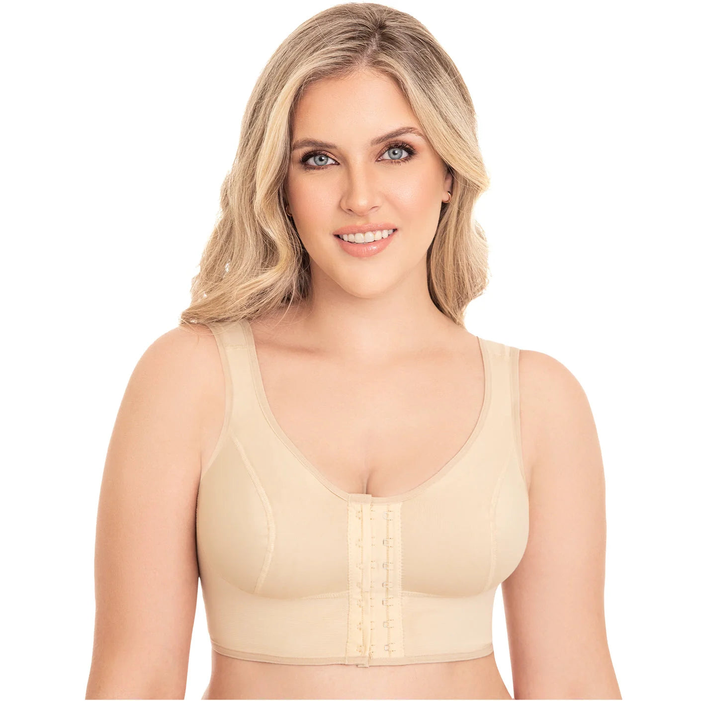 Fajas MyD MYD0016 beige front-closure post-surgery faja with wide straps, Colombian shapewear compression bra front view