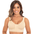 Fajas MyD MYD0016 beige post-surgery faja colombiana with front hook closure and wide straps, compression garment front view