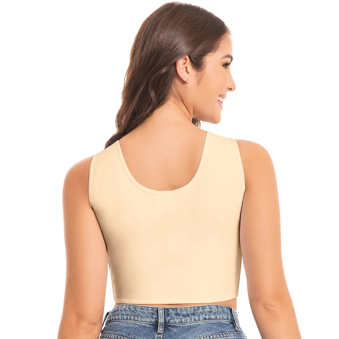 Fajas MyD MYDB019 nude beige crop top bra Colombian shapewear back view, seamless body shaper for women