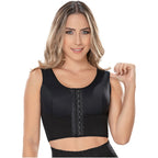 Fajas MyD MYDB019 black front-closure compression bra top, Colombian shapewear post-surgery faja for women front view