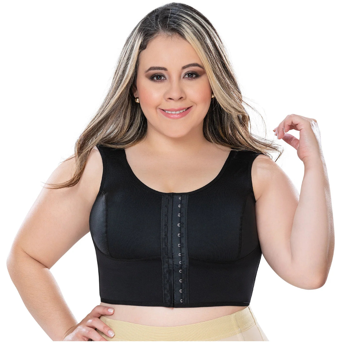 Fajas MyD MYDB019 black front-closure compression bra top, Colombian shapewear post-surgery body shaper for plus size women
