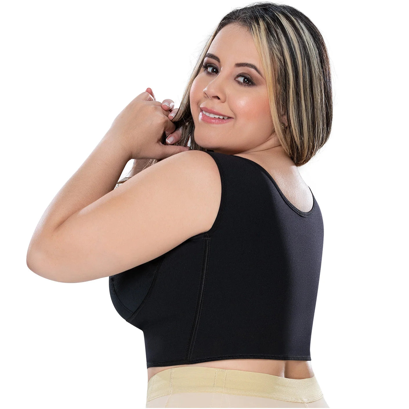 Fajas MyD MYDB019 black crop top body shaper with wide straps, Colombian shapewear compression bra for plus size women
