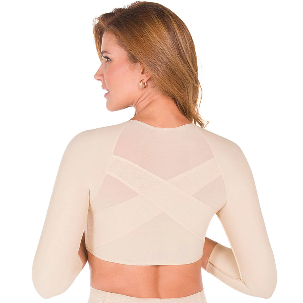 Fajas MyD MYDB00204 nude arm compression shaper with cross-back support straps, Colombian shapewear posture corrector back vi