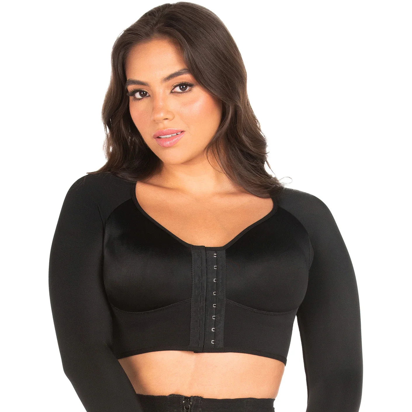 Fajas MyD MYDB00204 black long sleeve compression bra top with hook closure, Colombian shapewear post-surgery faja front view