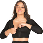 Fajas MyD MYDB00204 black long sleeve bra top with hook closure, Colombian shapewear compression garment front lifestyle view