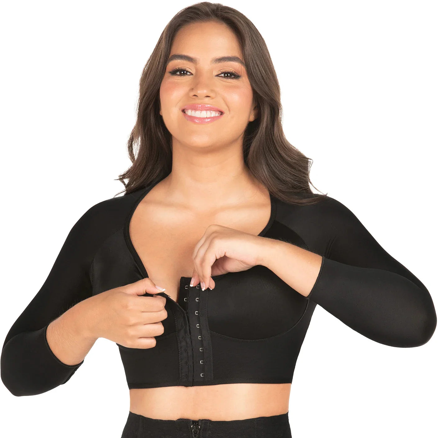 Fajas MyD MYDB00204 black long sleeve bra top with hook closure, Colombian shapewear compression garment front lifestyle view