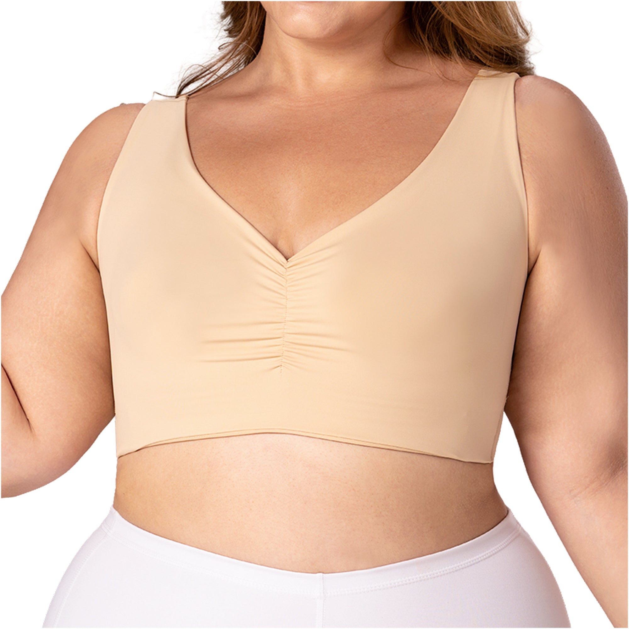 Fajas MyD B0600 nude crop top bra Colombian shapewear with ruched front detail, wireless body shaper for plus size women