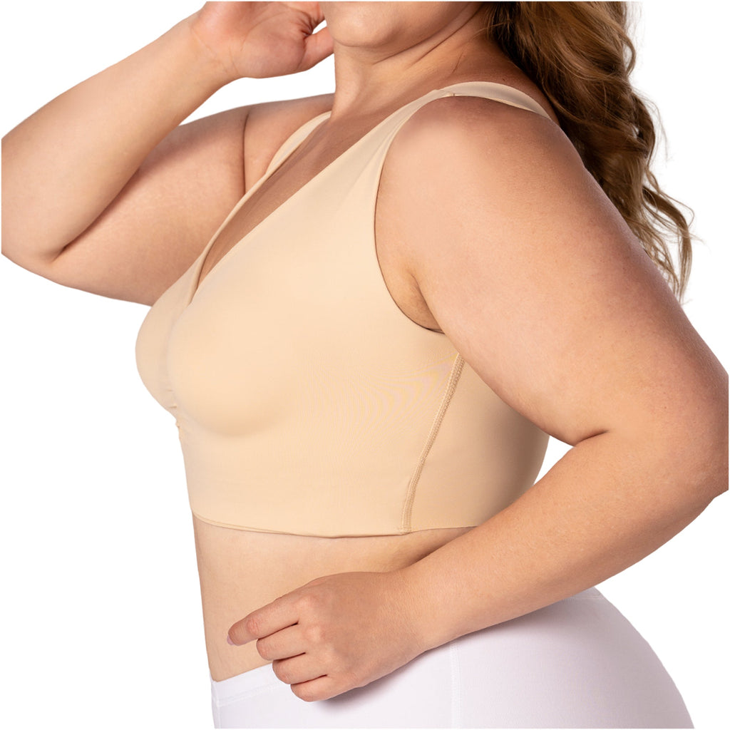 Fajas MyD B0600 nude wireless bra top with V-neck cut, Colombian shapewear for plus size daily support side view