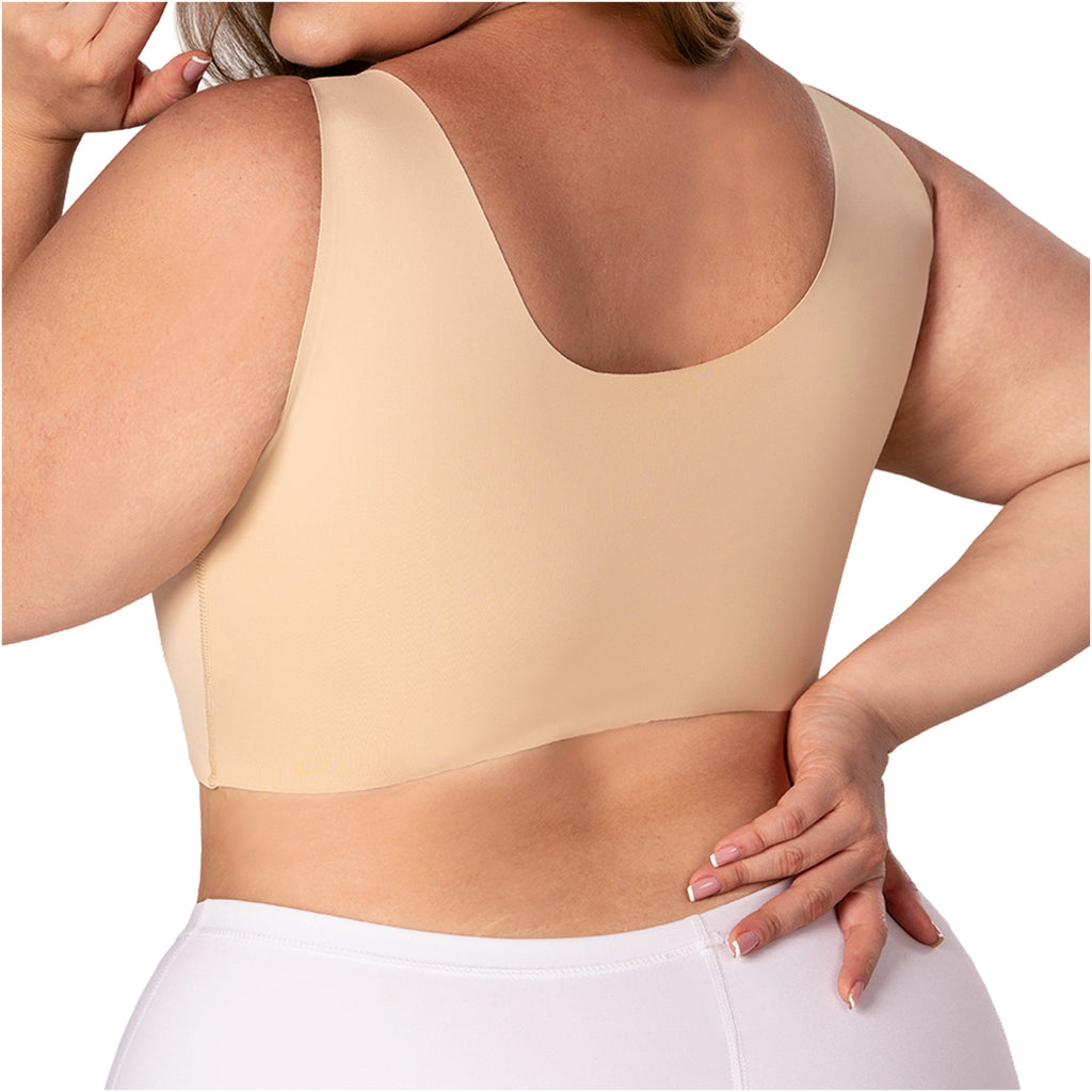 Fajas MyD B0600 nude seamless bra top back view, Colombian shapewear compression garment for plus size women