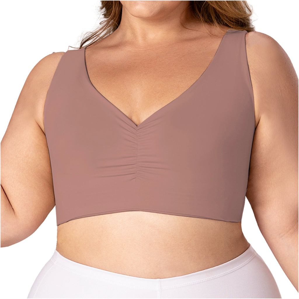 Fajas MyD B0600 mauve crop top bra Colombian shapewear with V-neck ruching front view for plus size women