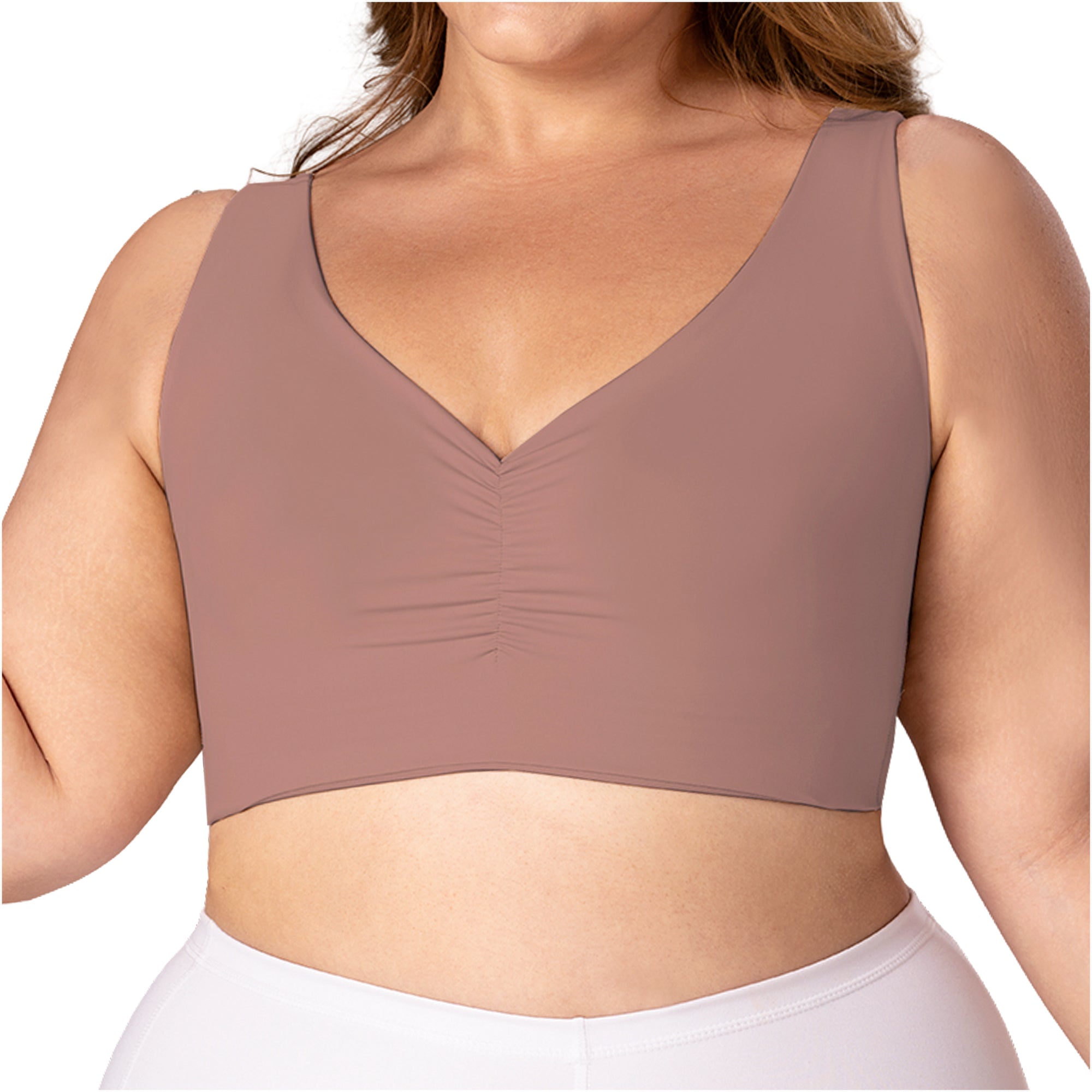 Fajas MyD B0600 mauve crop top bra Colombian shapewear with V-neck ruching front view for plus size women