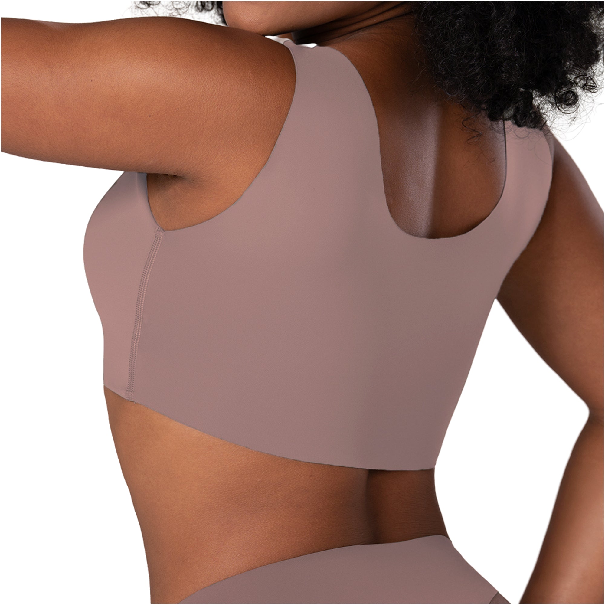Fajas MyD B0600 mauve sports bra back view, Colombian shapewear crop top with wide straps for daily support