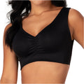 Fajas MyD B0600 black V-neck crop top bra Colombian shapewear with ruched center front view for women
