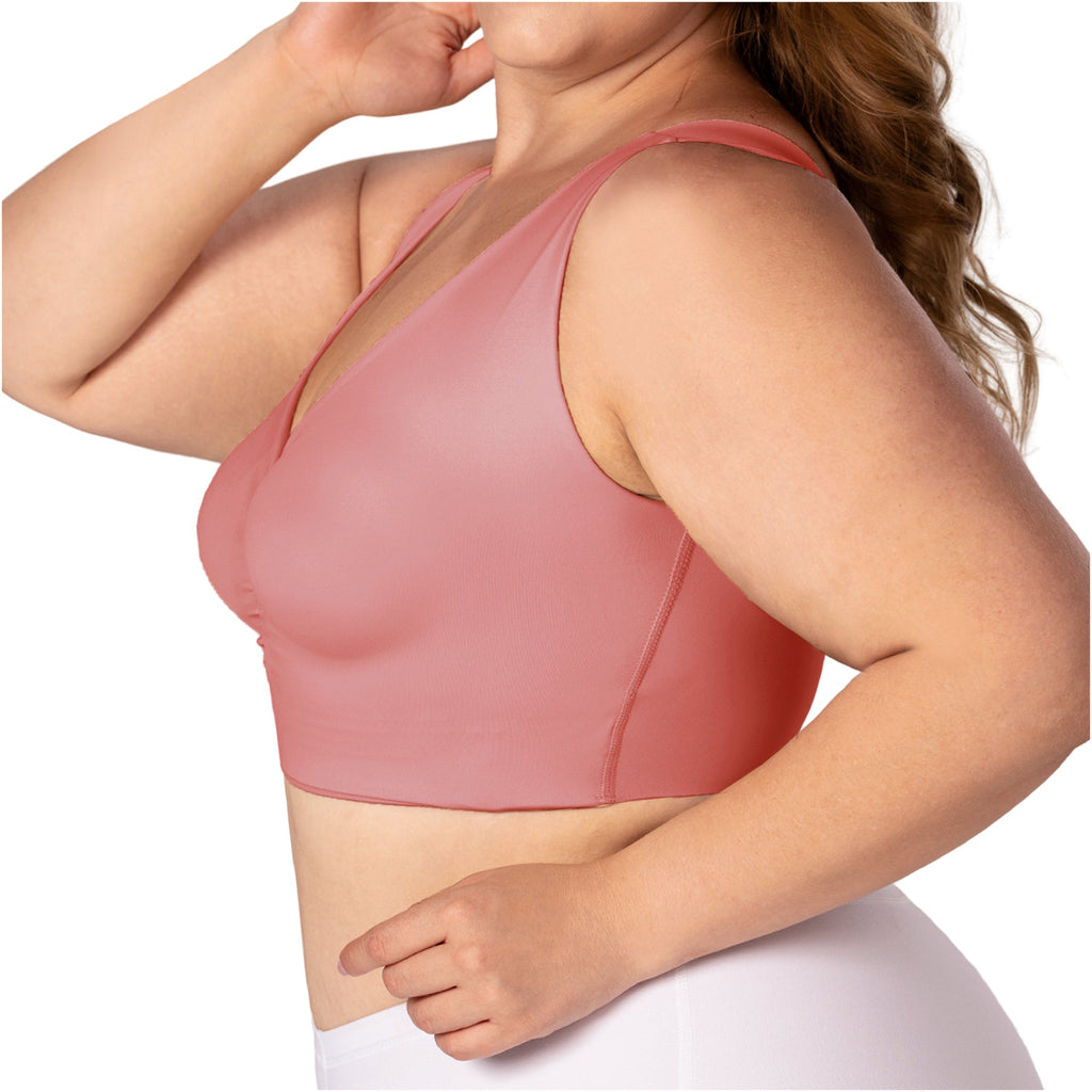 Fajas MyD B0600 dusty rose crop top bra Colombian shapewear with V-neckline, plus size body shaper side view