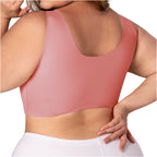 Fajas MyD B0600 pink sports bra back view, Colombian shapewear crop top with wide straps for plus size women