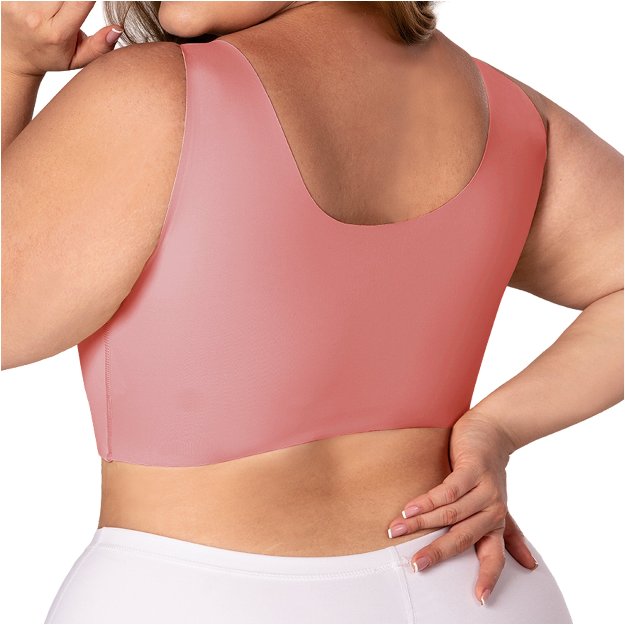 Fajas MyD B0600 pink sports bra back view, Colombian shapewear crop top with wide straps for plus size women