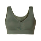 Fajas MyD B0600 olive green sports bra with ruched center detail, Colombian shapewear top for everyday support front view