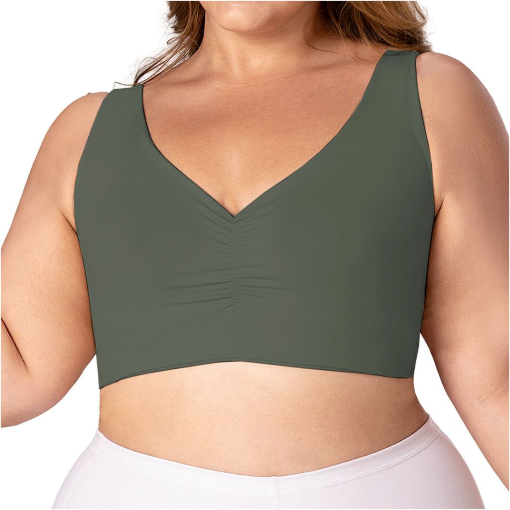 Fajas MyD B0600 olive green V-neck sports bra top, Colombian shapewear crop style with ruched detail for women