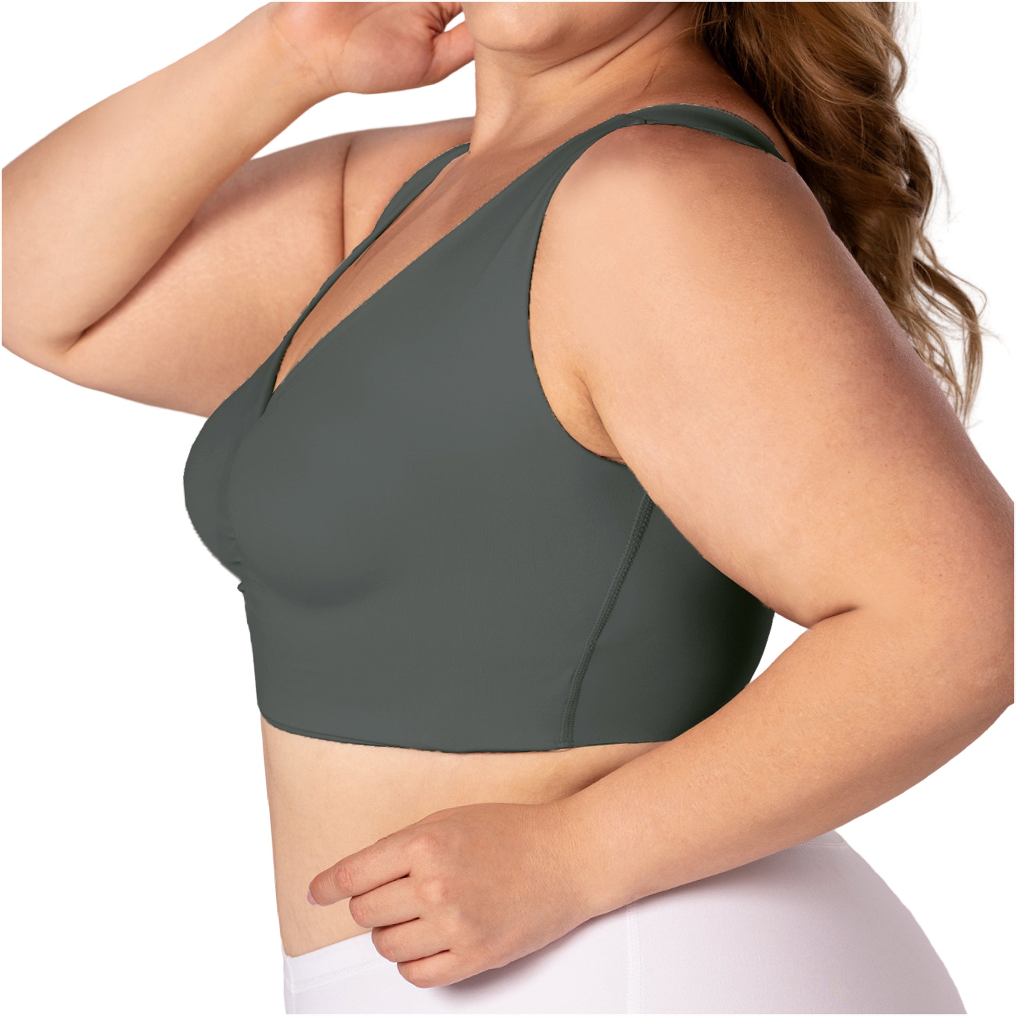 Fajas MyD B0600 dark green sports bra Colombian shapewear with V-neckline, side view plus size body shaper top