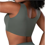 Fajas MyD B0600 olive green sports bra back view, Colombian shapewear crop top with racerback design for women