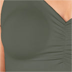 Fajas MyD B0600 olive green V-neck body shaper with ruching detail, Colombian shapewear top front view