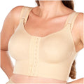 Fajas MyD MYDB08209 beige front-closure post-surgery bra, Colombian shapewear compression garment for women front view