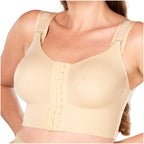 Fajas MyD MYDB08209 beige front-closure post-surgery bra, Colombian shapewear compression garment for women front view