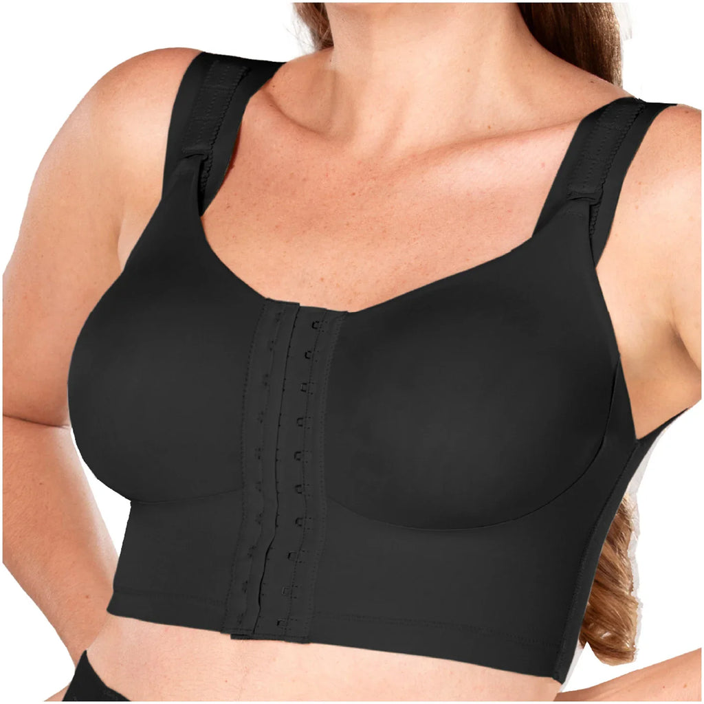 Fajas MyD MYDB08209 black front-closure compression bra with wide straps, Colombian shapewear post-surgery support top front 