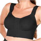 Fajas MyD MYDB08209 black front-closure compression bra with wide straps, Colombian shapewear post-surgery support top front 