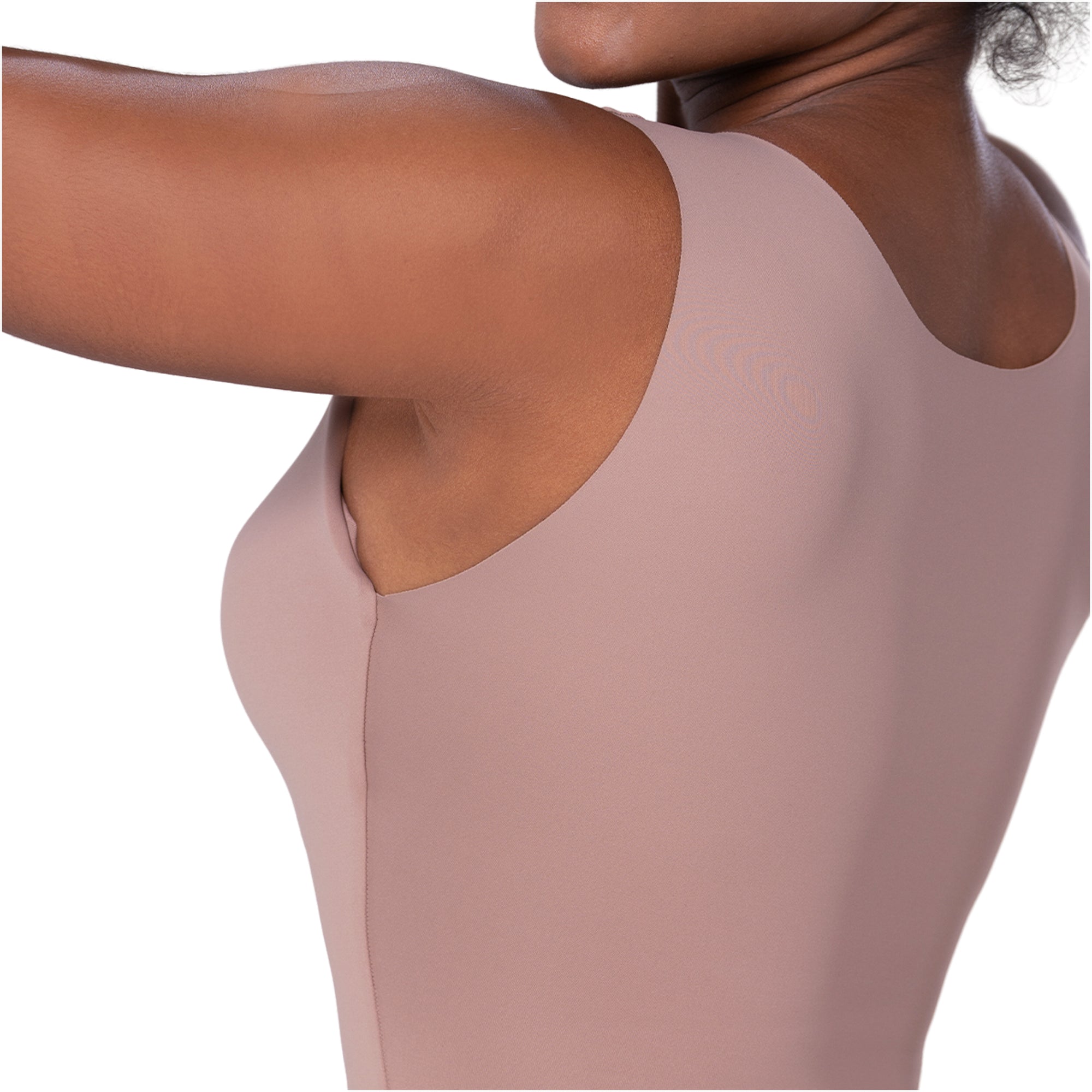 Fajas MyD BD060 mauve full-body Colombian shapewear bodysuit with scoop back, daily body shaper side view for women