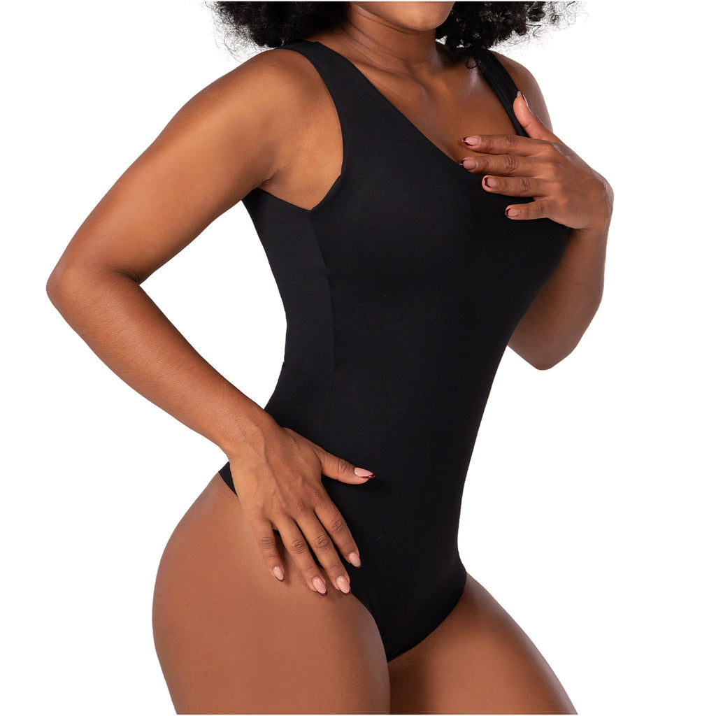 Fajas MyD BD060 black seamless body shaper bodysuit with tank straps, Colombian shapewear for daily tummy control