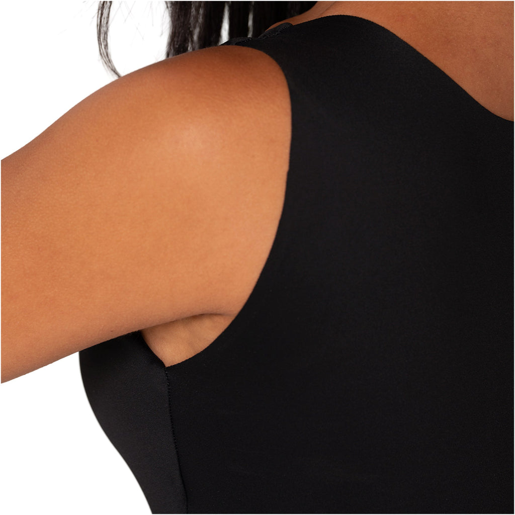 Fajas MyD BD060 black sleeveless full-body shaper close-up armhole detail, Colombian shapewear daily bodysuit for women