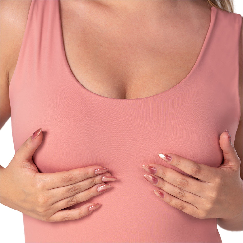Fajas MyD BD060 pink sleeveless bodysuit Colombian shapewear with breast support lifestyle front view for daily wear