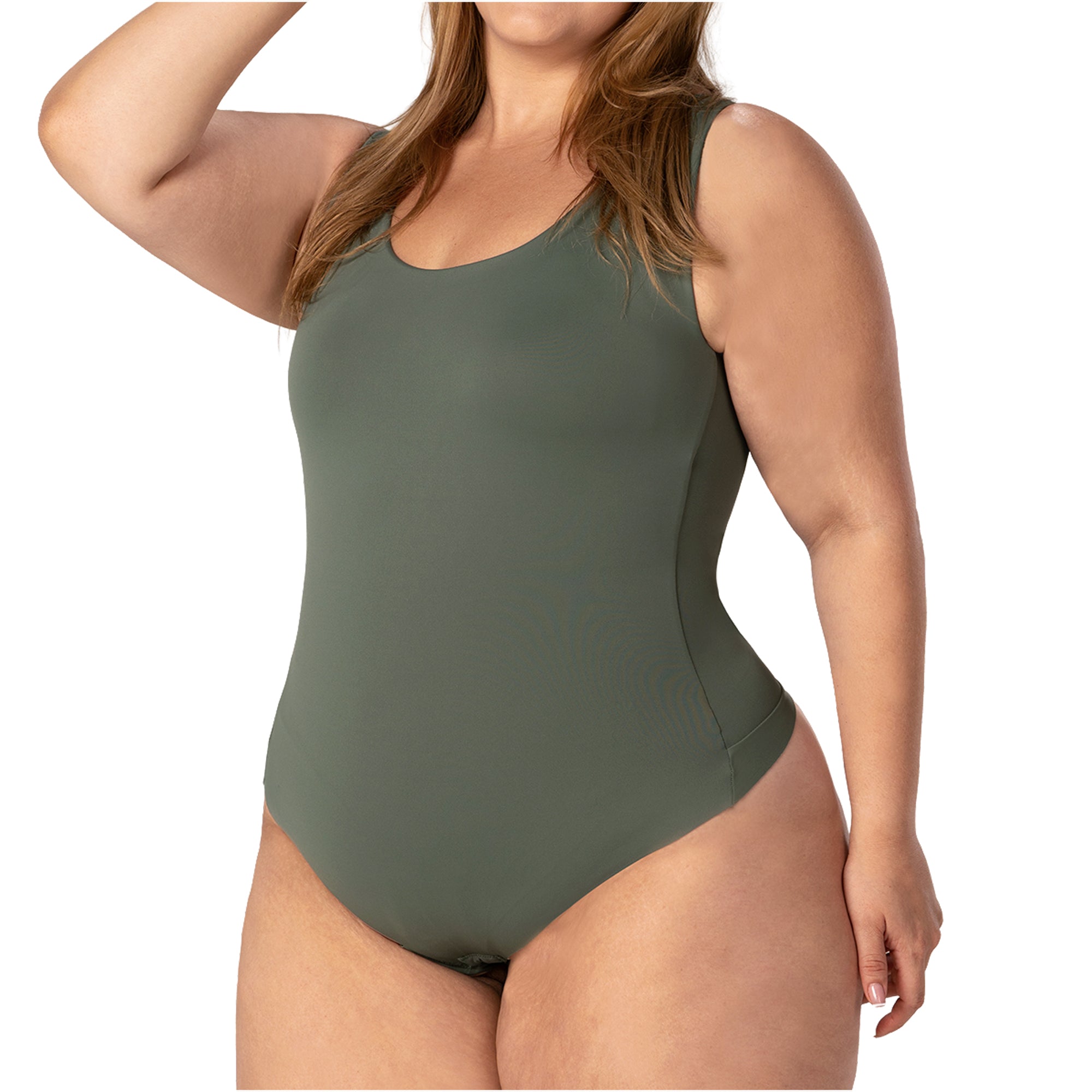 Fajas MyD BD060 olive green sleeveless bodysuit Colombian shapewear body shaper for plus size women front view