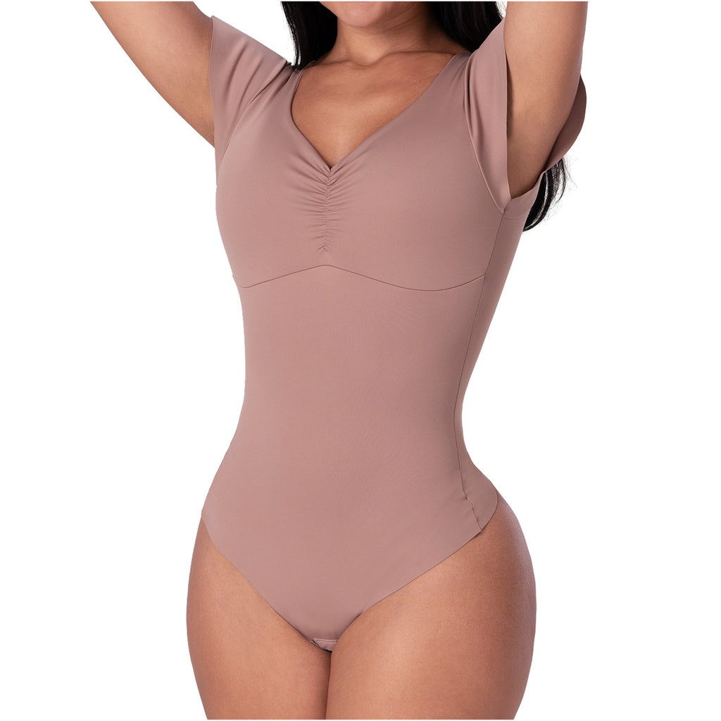 Fajas MyD BD060 mocha short sleeve body shaper bodysuit with V-neck, Colombian shapewear for daily tummy control front view