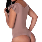 Fajas MyD BD060 mocha ruffle sleeve body shaper bodysuit back view, Colombian shapewear thong cut daily faja