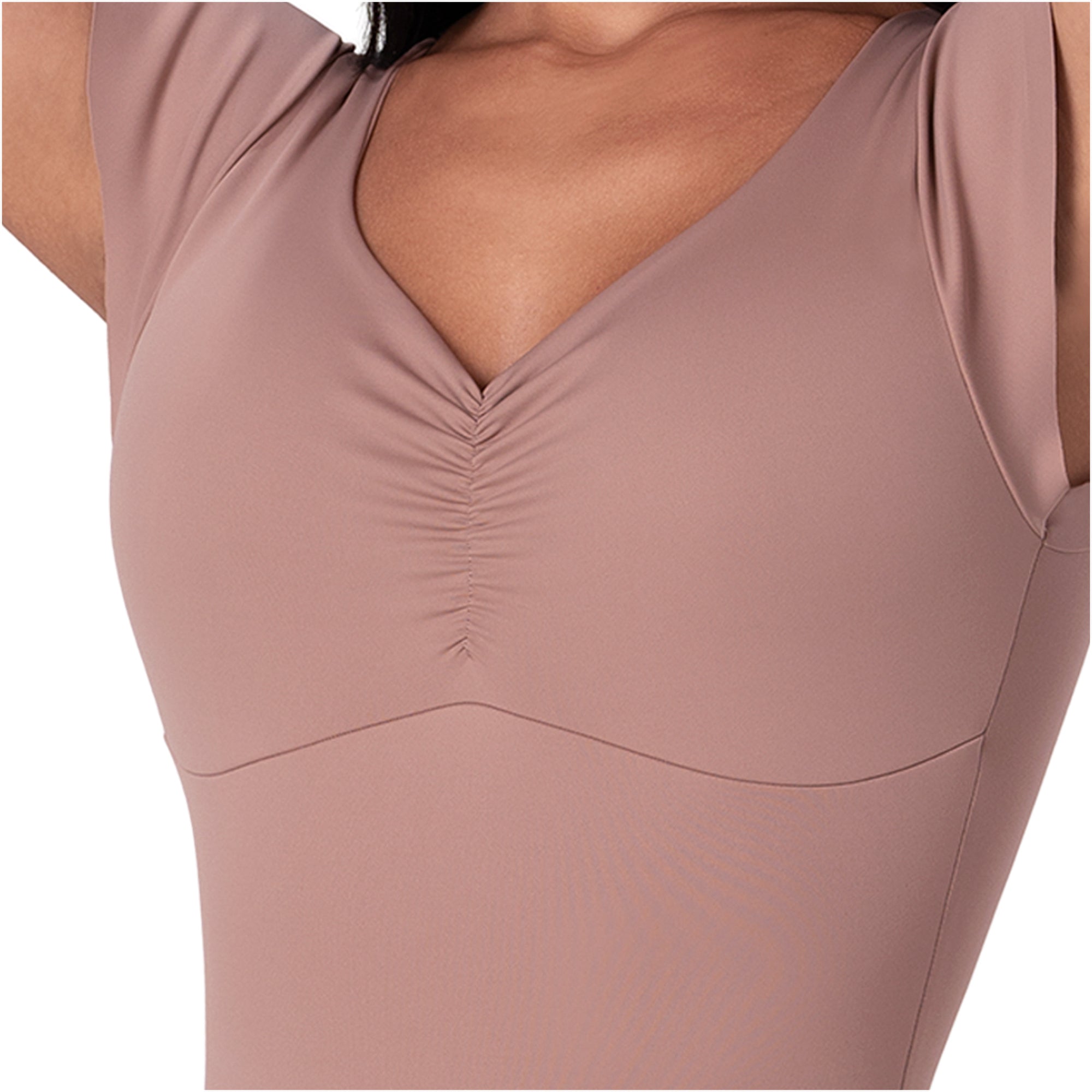 Fajas MyD BD060 mauve v-neck bodysuit with ruched front detail, Colombian shapewear daily body shaper for women