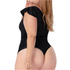 Fajas MyD BD060 black one-shoulder ruffle bodysuit Colombian shapewear thong cut side view daily body shaper