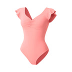 Fajas MyD BD060 coral pink flutter sleeve bodysuit, Colombian shapewear full-body faja for daily use front view