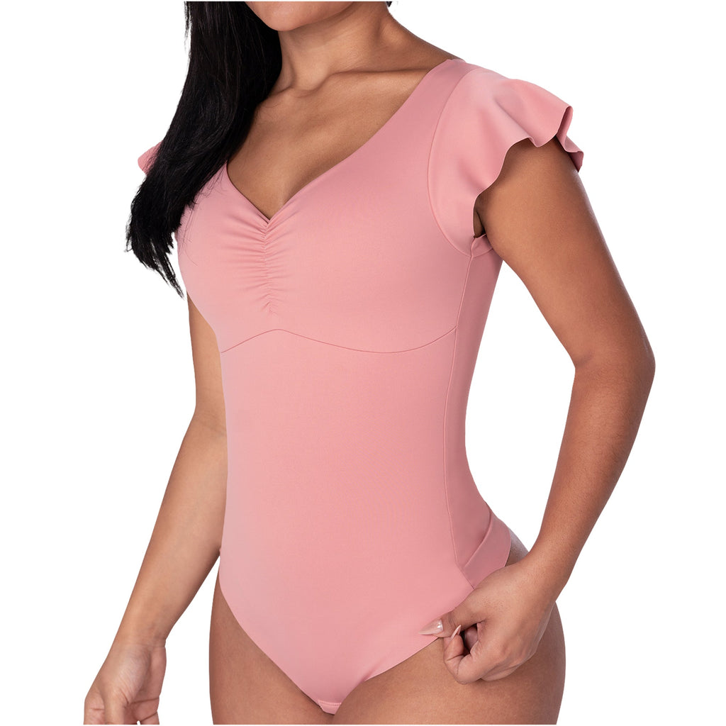 Fajas MyD BD060 pink flutter sleeve body shaper bodysuit, Colombian shapewear with ruched V-neck front side view