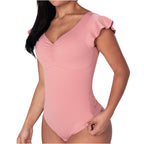 Fajas MyD BD060 pink flutter sleeve body shaper bodysuit, Colombian shapewear with ruched V-neck front side view