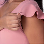 Fajas MyD BD060 pink ruffled shoulder bodysuit detail, Colombian shapewear daily body shaper for women lifestyle view