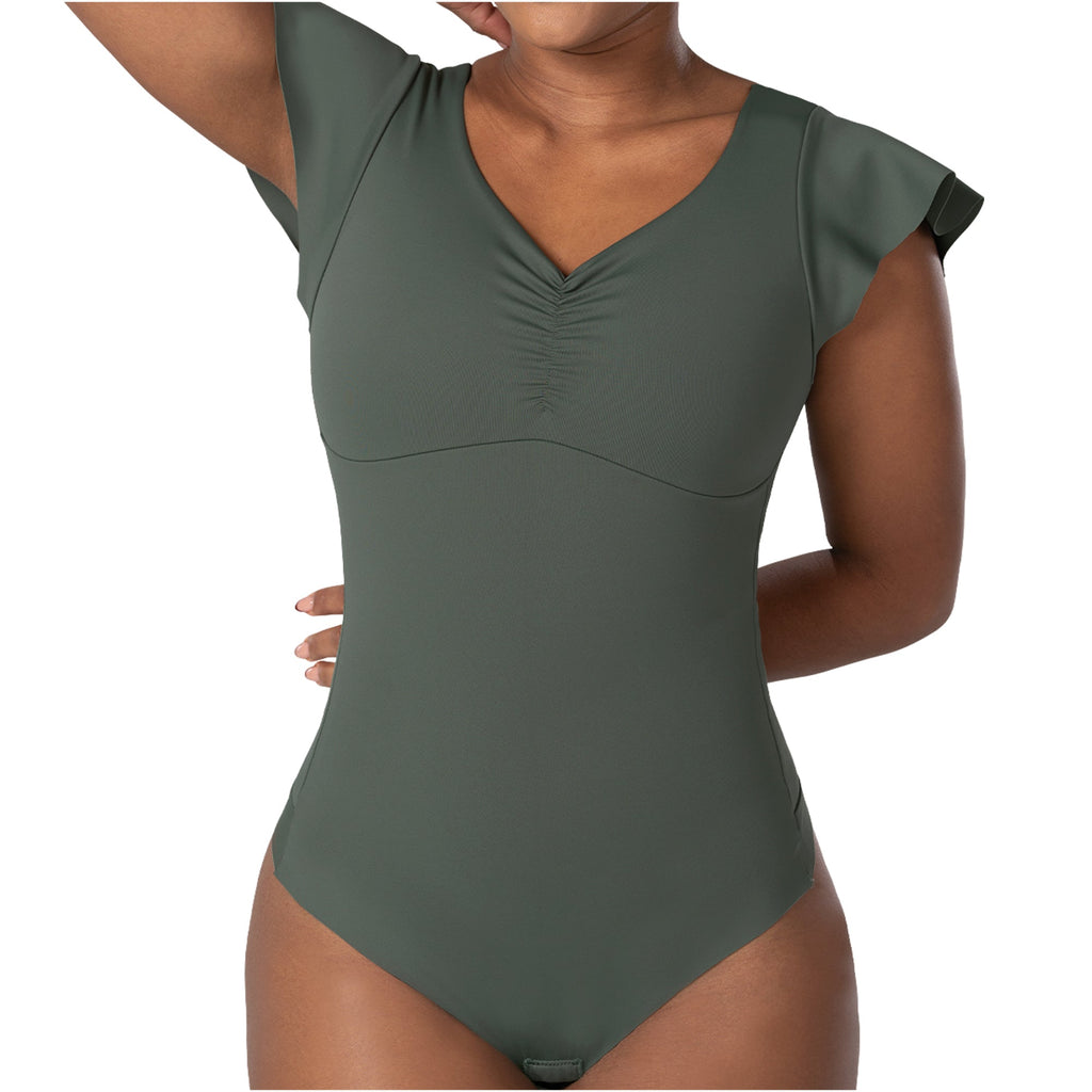 Fajas MyD BD060 olive green flutter sleeve bodysuit shaper, Colombian shapewear daily body shaper front view women
